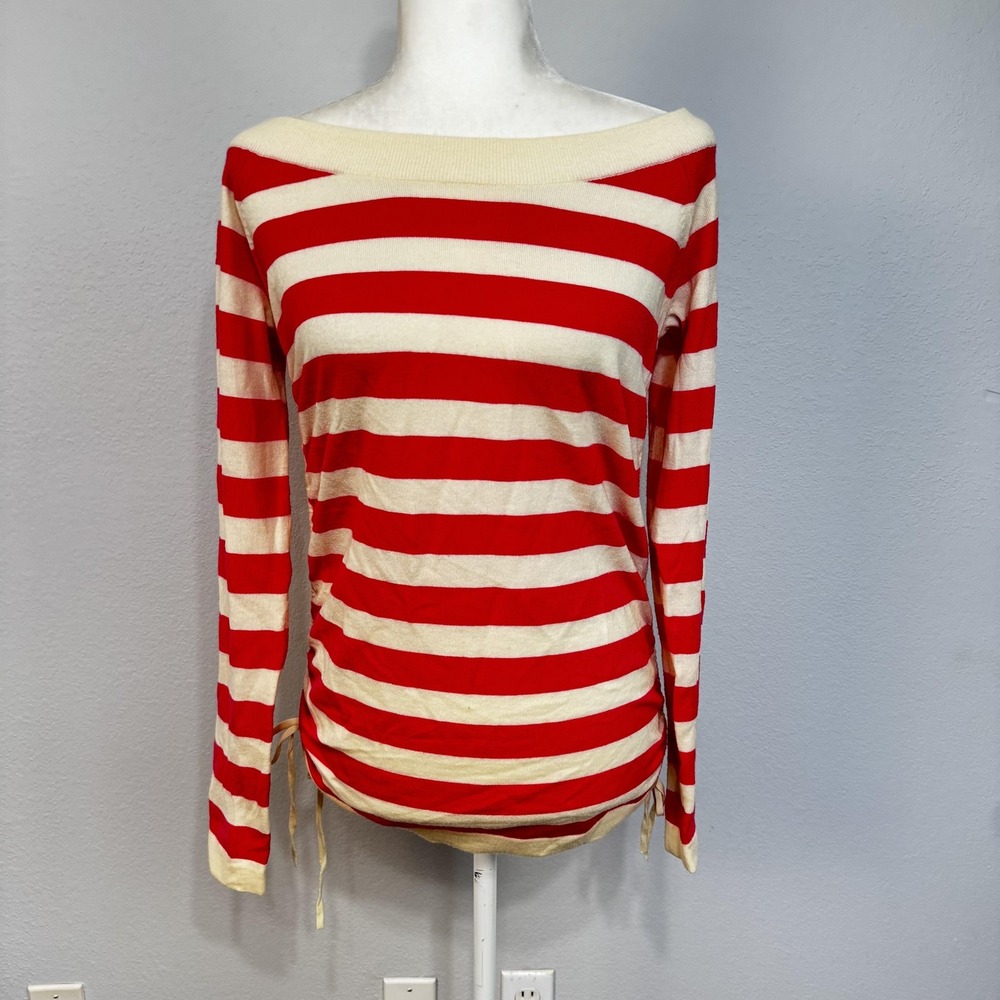 Theory Sweater‎ Cathlein New Steady Women's Pink Ivory Striped Ruched Wool